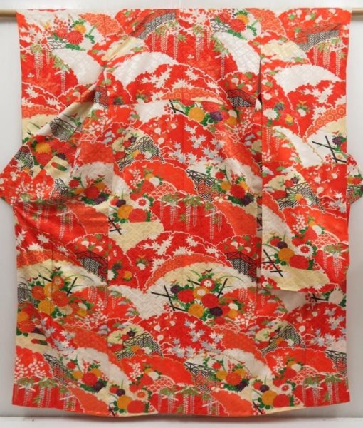 Photo1: 5315T13z1080 Vintage Japanese Kimono Silk FURISODE Chrysanthemum Tomato red (1)