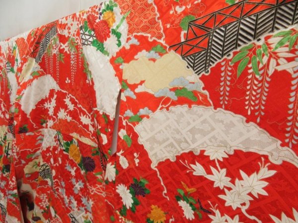 Photo2: 5315T13z1080 Vintage Japanese Kimono Silk FURISODE Chrysanthemum Tomato red (2)
