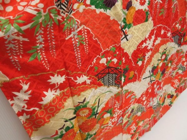 Photo3: 5315T13z1080 Vintage Japanese Kimono Silk FURISODE Chrysanthemum Tomato red (3)