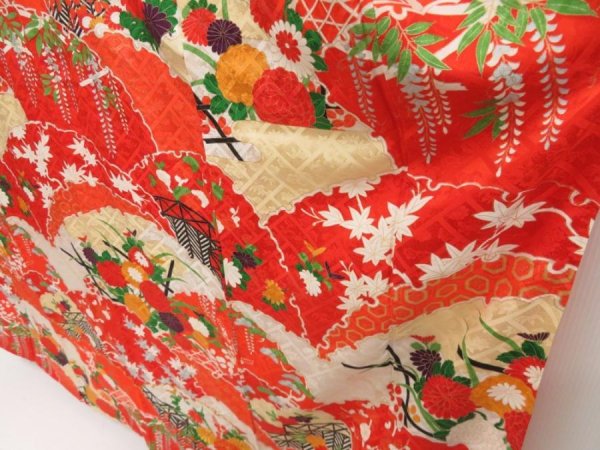 Photo4: 5315T13z1080 Vintage Japanese Kimono Silk FURISODE Chrysanthemum Tomato red (4)