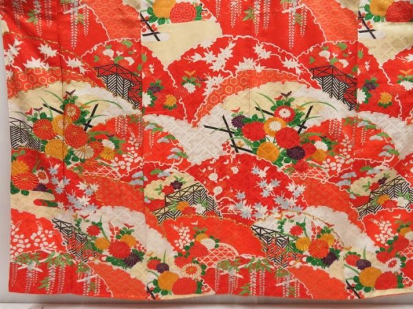 Photo5: 5315T13z1080 Vintage Japanese Kimono Silk FURISODE Chrysanthemum Tomato red (5)