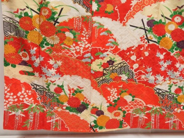 Photo6: 5315T13z1080 Vintage Japanese Kimono Silk FURISODE Chrysanthemum Tomato red (6)