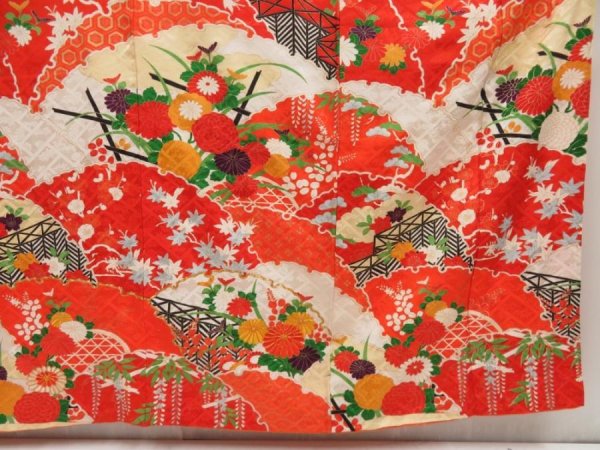Photo7: 5315T13z1080 Vintage Japanese Kimono Silk FURISODE Chrysanthemum Tomato red (7)