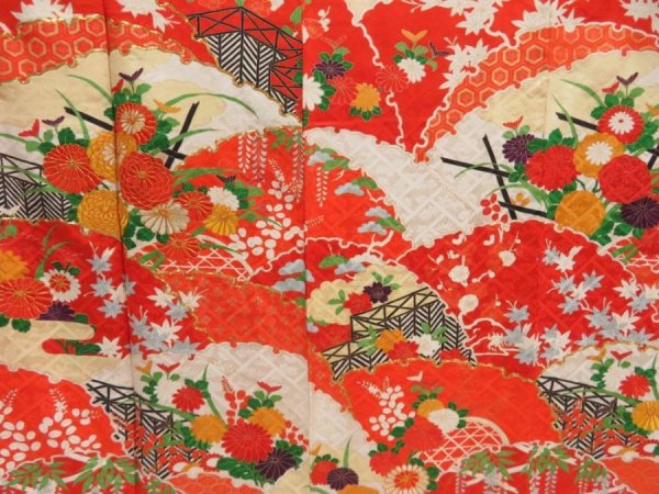 Photo8: 5315T13z1080 Vintage Japanese Kimono Silk FURISODE Chrysanthemum Tomato red (8)