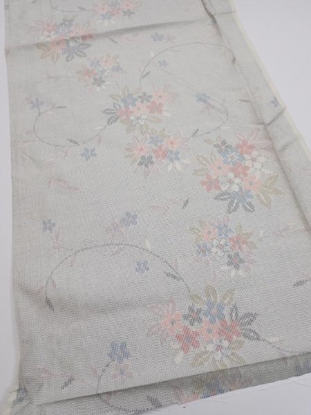 Photo2: 2N01z40  Japanese Kimono Silk TSUMUGI FABRIC Flowers Light gray 40.2x15.0 (2)