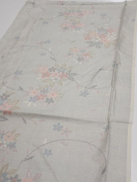 Photo3: 2N01z40  Japanese Kimono Silk TSUMUGI FABRIC Flowers Light gray 40.2x15.0 (3)