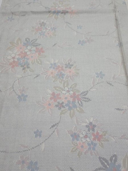 Photo1: 2N02z40  Japanese Kimono Silk TSUMUGI FABRIC Flowers Light gray 39.8x15.0 (1)