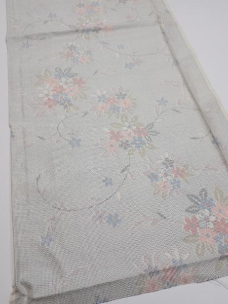 Photo2: 2N02z40  Japanese Kimono Silk TSUMUGI FABRIC Flowers Light gray 39.8x15.0 (2)
