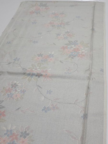 Photo3: 2N02z40  Japanese Kimono Silk TSUMUGI FABRIC Flowers Light gray 39.8x15.0 (3)