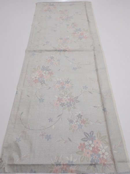 Photo5: 2N02z40  Japanese Kimono Silk TSUMUGI FABRIC Flowers Light gray 39.8x15.0 (5)