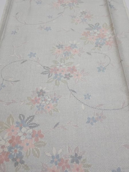 Photo1: 2N03z70  Japanese Kimono Silk TSUMUGI FABRIC Flowers Light gray 66.9x15.0 (1)