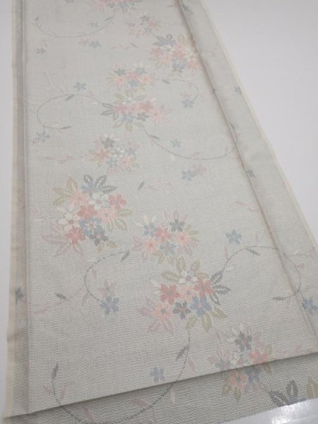 Photo2: 2N05z70  Japanese Kimono Silk TSUMUGI FABRIC Flowers Light gray 67.3x15.0 (2)