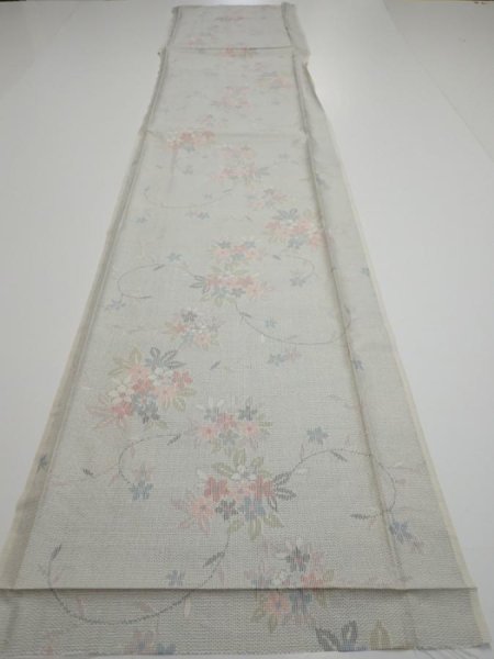 Photo5: 2N05z70  Japanese Kimono Silk TSUMUGI FABRIC Flowers Light gray 67.3x15.0 (5)