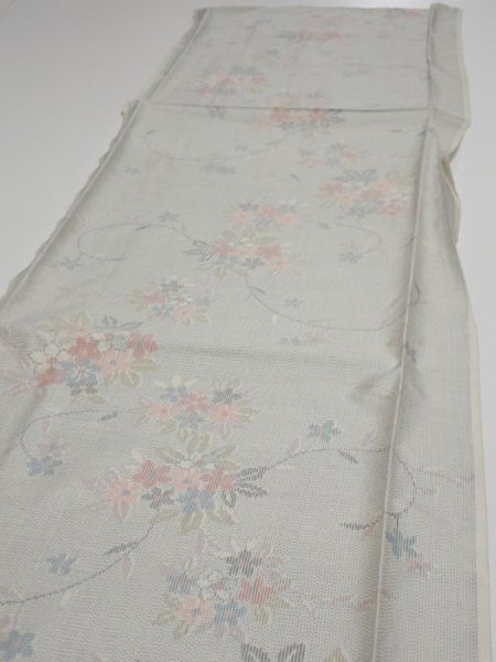 Photo3: 2N06z70  Japanese Kimono Silk TSUMUGI FABRIC Flowers Light gray 67.3x15.0 (3)