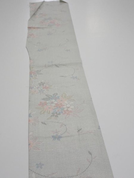 Photo3: 2N08z30  Japanese Kimono Silk TSUMUGI FABRIC Flowers Light gray 57.9x7.3 (3)