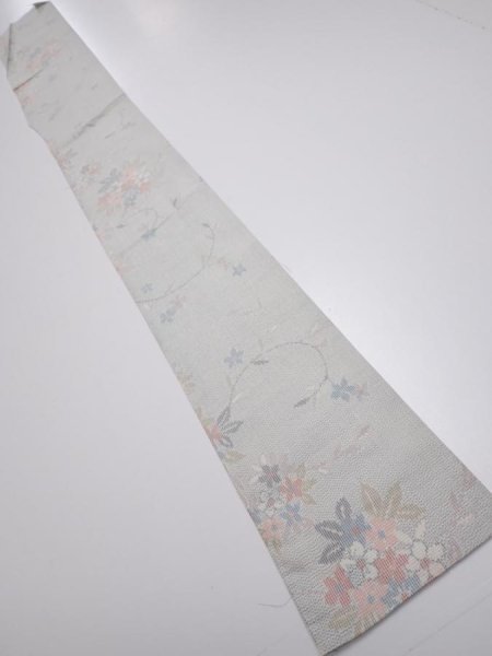 Photo5: 2N08z30  Japanese Kimono Silk TSUMUGI FABRIC Flowers Light gray 57.9x7.3 (5)