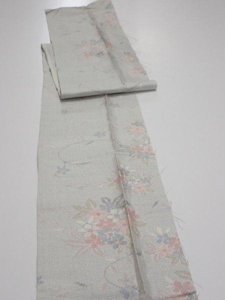 Photo3: 2N09z40  Japanese Kimono Silk TSUMUGI FABRIC Flowers Light gray 78.7x7.3 (3)
