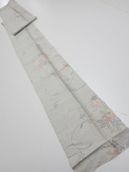 Photo5: 2N09z40  Japanese Kimono Silk TSUMUGI FABRIC Flowers Light gray 78.7x7.3 (5)