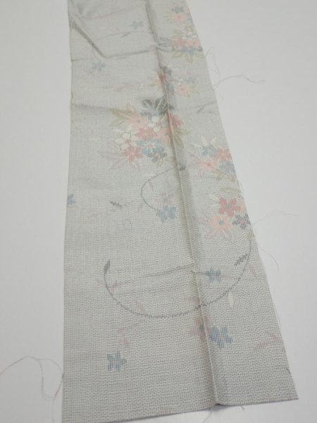 Photo3: 2N10z20  Japanese Kimono Silk TSUMUGI FABRIC Flowers Light gray 37.8x7.5 (3)