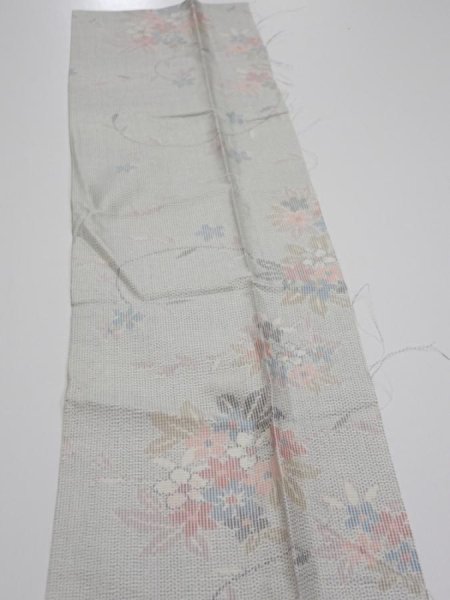Photo4: 2N10z20  Japanese Kimono Silk TSUMUGI FABRIC Flowers Light gray 37.8x7.5 (4)