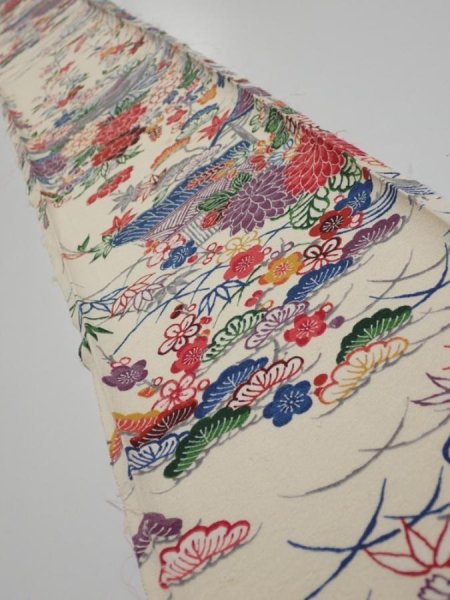 Photo1: 4L08z50  Japanese Kimono Silk  FABRIC Flowers Off-white 57.5x7.1 (1)