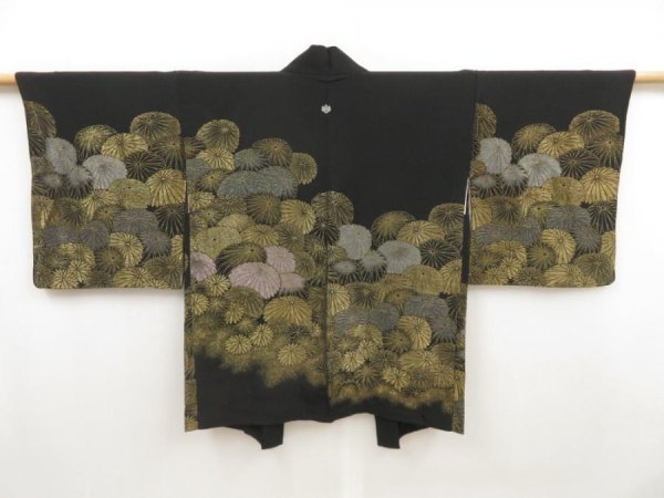 Photo1: 5316T06z560 Vintage Japanese Kimono Silk HAORI Chrysanthemum Black (1)