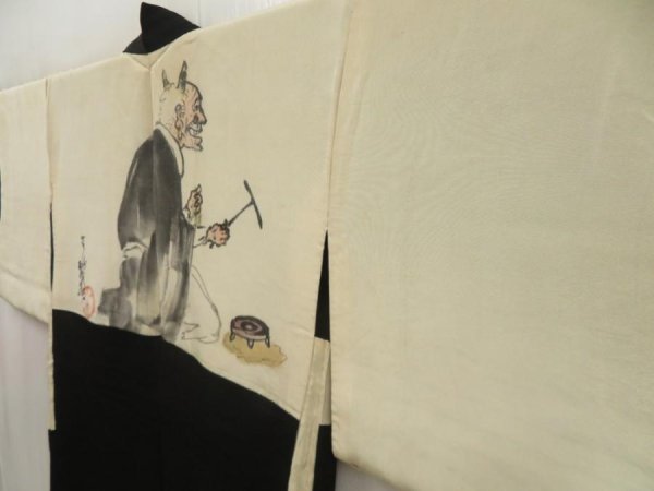 Photo3: 5316T09z410 Vintage Japanese Kimono Silk HAORI Ogre Black (3)