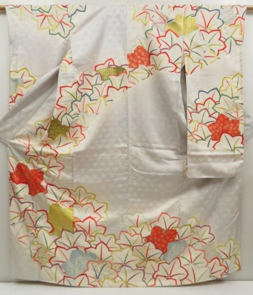 Photo1: 5316T12z1020 Vintage Japanese Kimono Silk FURISODE Maple Light gray (1)