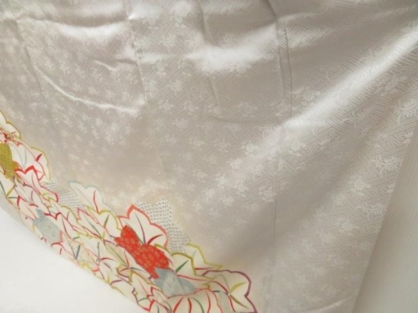 Photo4: 5316T12z1020 Vintage Japanese Kimono Silk FURISODE Maple Light gray (4)