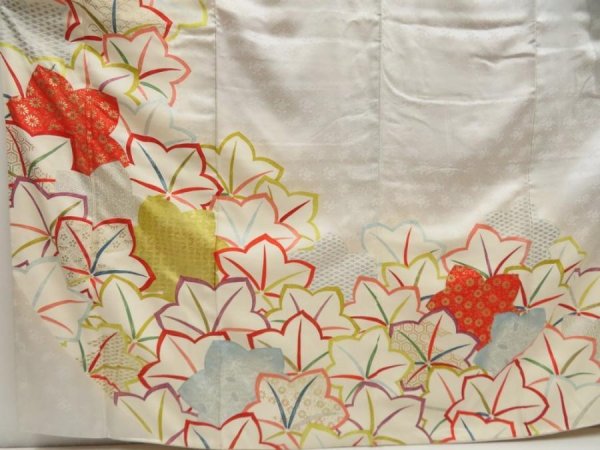 Photo5: 5316T12z1020 Vintage Japanese Kimono Silk FURISODE Maple Light gray (5)