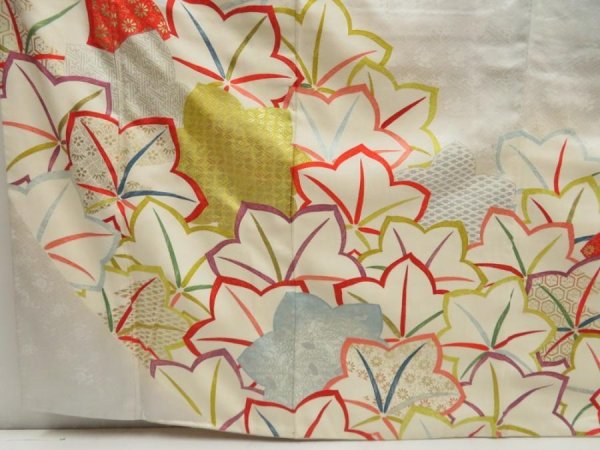 Photo6: 5316T12z1020 Vintage Japanese Kimono Silk FURISODE Maple Light gray (6)