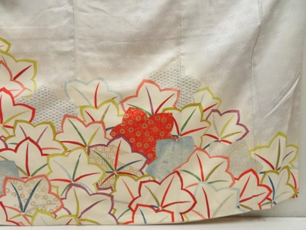 Photo7: 5316T12z1020 Vintage Japanese Kimono Silk FURISODE Maple Light gray (7)