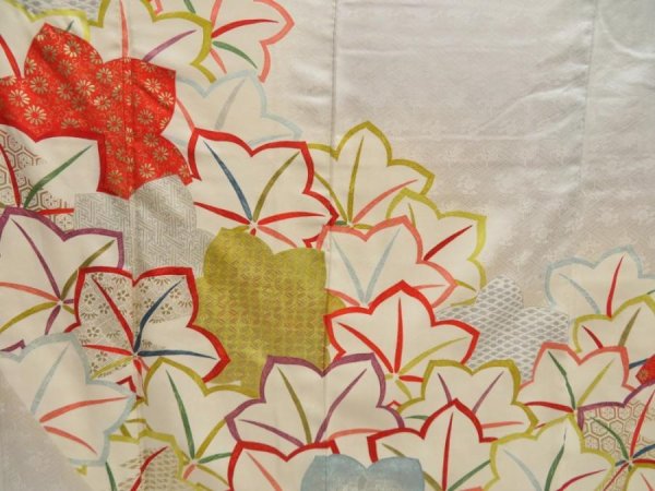 Photo8: 5316T12z1020 Vintage Japanese Kimono Silk FURISODE Maple Light gray (8)