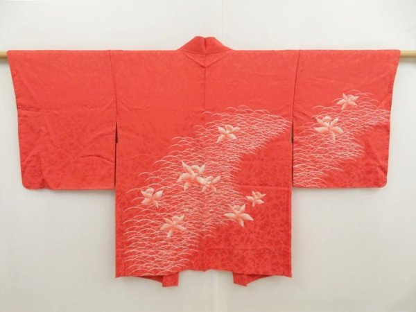Photo1: 5320T04z560 Vintage Japanese Kimono Silk HAORI Flower Tomato red (1)