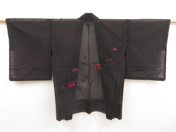 Photo1: 5320T07z240 Vintage Japanese Kimono Silk See through HAORI Flower Black (1)