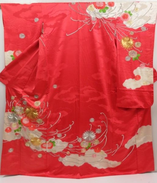 Photo1: 5320T13z1120 Vintage Japanese Kimono Silk FURISODE Chrysanthemum Red-Pink (1)
