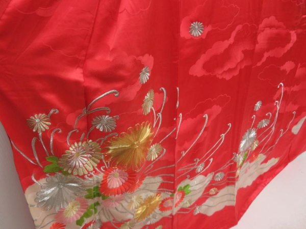 Photo3: 5320T13z1120 Vintage Japanese Kimono Silk FURISODE Chrysanthemum Red-Pink (3)