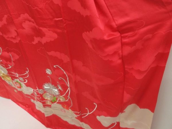 Photo4: 5320T13z1120 Vintage Japanese Kimono Silk FURISODE Chrysanthemum Red-Pink (4)