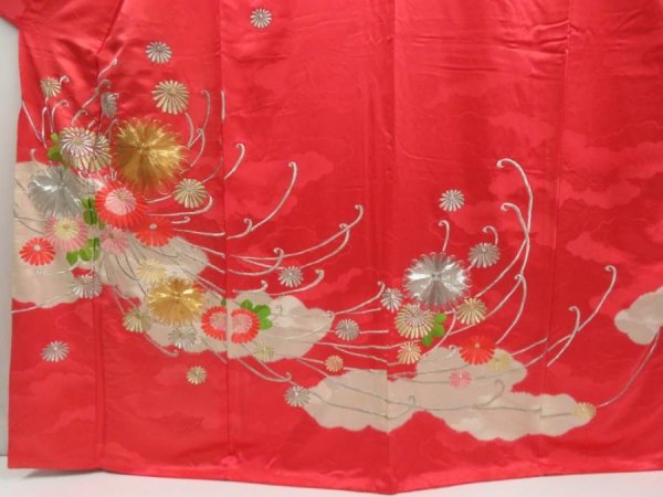 Photo5: 5320T13z1120 Vintage Japanese Kimono Silk FURISODE Chrysanthemum Red-Pink (5)
