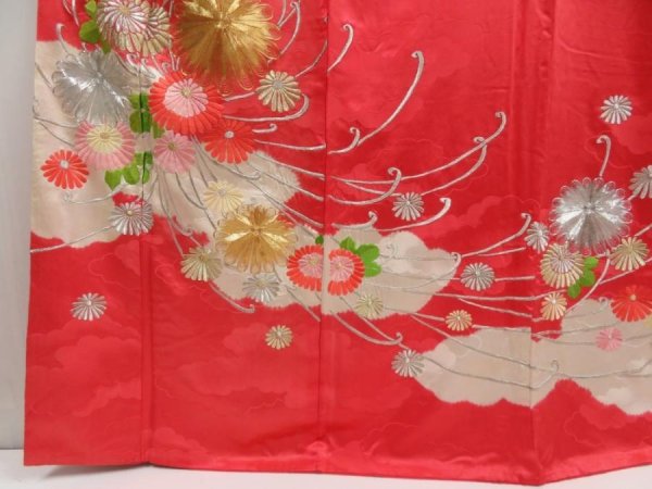 Photo6: 5320T13z1120 Vintage Japanese Kimono Silk FURISODE Chrysanthemum Red-Pink (6)
