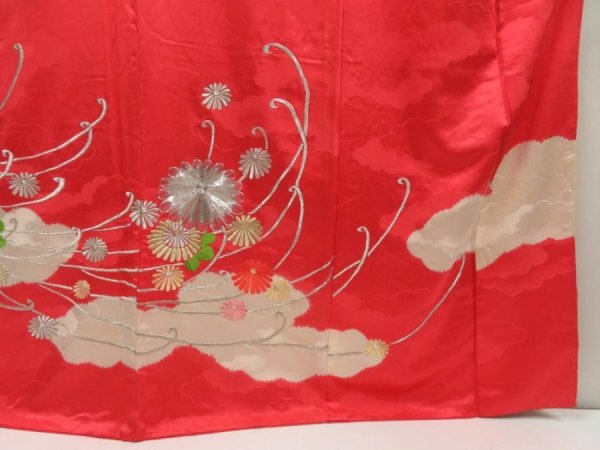 Photo7: 5320T13z1120 Vintage Japanese Kimono Silk FURISODE Chrysanthemum Red-Pink (7)