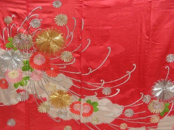 Photo8: 5320T13z1120 Vintage Japanese Kimono Silk FURISODE Chrysanthemum Red-Pink (8)