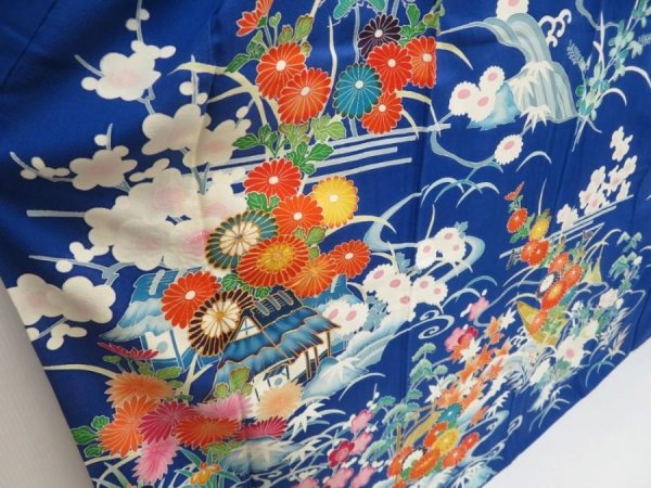 Photo3: 5320T14z1170  Japanese Kimono Silk FURISODE Chrysanthemum Royal blue (3)