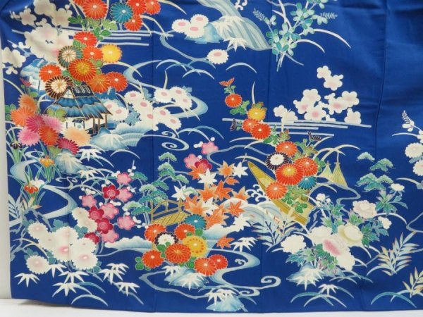 Photo5: 5320T14z1170  Japanese Kimono Silk FURISODE Chrysanthemum Royal blue (5)