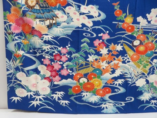 Photo6: 5320T14z1170  Japanese Kimono Silk FURISODE Chrysanthemum Royal blue (6)