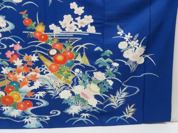Photo7: 5320T14z1170  Japanese Kimono Silk FURISODE Chrysanthemum Royal blue (7)