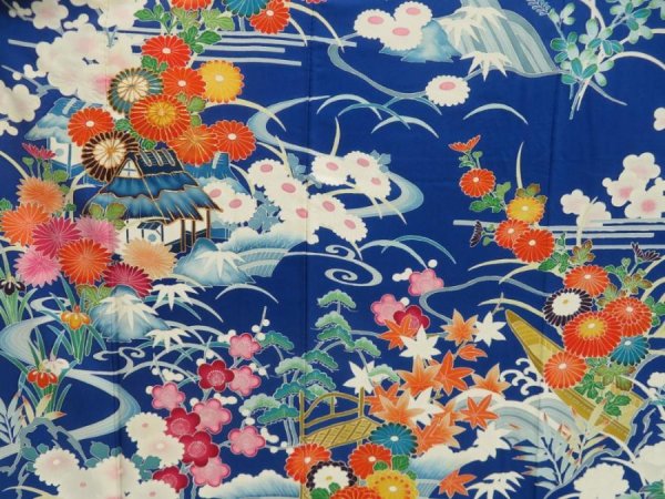 Photo8: 5320T14z1170  Japanese Kimono Silk FURISODE Chrysanthemum Royal blue (8)