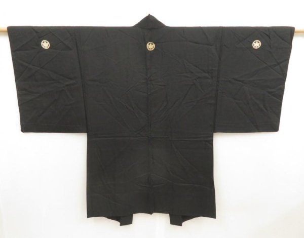 Photo1: 5321T10z410 Vintage Japanese Kimono Silk Men's See through HAORI Black (1)
