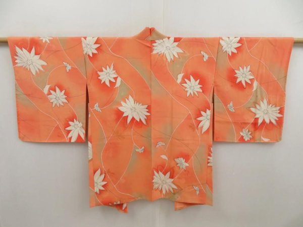 Photo1: 5321T11z530 Vintage Japanese Kimono Silk HAORI Flower Coral orange (1)