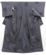 Photo1: 5321T12z820 Vintage Japanese Kimono Silk TSUMUGI Camellia Navy-Gray (1)